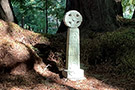 Cross monolith in a wooded area